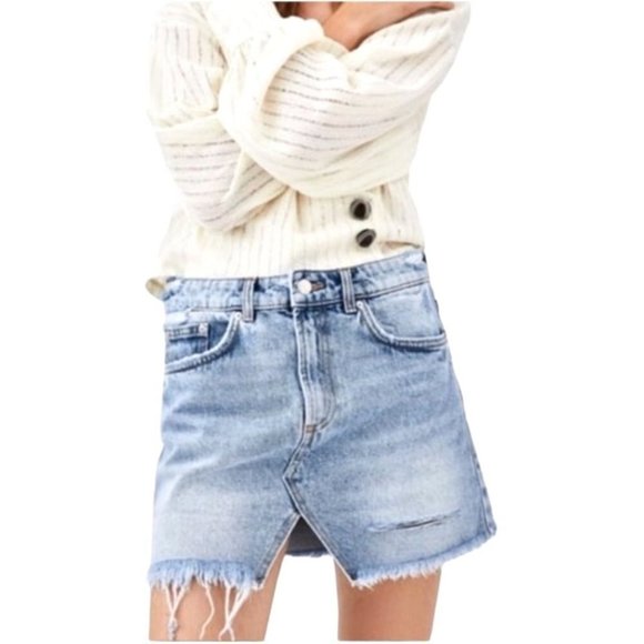Zara Dresses & Skirts - Zara Blue Light Wash A Line Raw Hem Denim Mini Skirt Size S